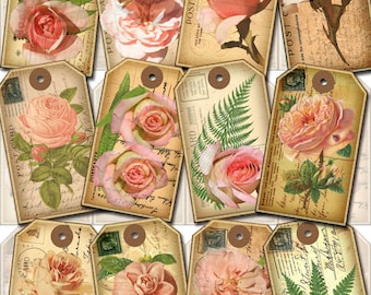 sHaBBy PiNK RoSeS- Lovely aNTiQUe POsT CArD HaNG TaGs/Labels - aLTeReD aRt - INSTaNT DOWNLoAD - Printable CoLLaGe ShEEt JPG Digital File