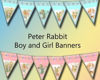 Peter Rabbit  Banners- Bunting - Pennants - Pink and Blue - BOY & GiRL - 2 INSTaNT DOWNLoADs- Printable Collage Sheet  JPG Digital File