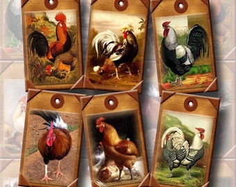 ROOSteRS/CHiCKeNS -Country Chic ViNtAgE ArT Hang/Gift Tags/Cards-INSTaNT DOWNLoAD-Printable Collage Sheet JPG Digital File