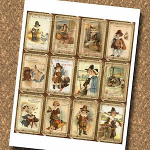 Thanksgivng Pilgrims Fall/Autumn Tags/cards- Burlap Feed Sack Background- INSTaNT DOWNLoAD-Printable Collage Sheet Download JPG Digital File