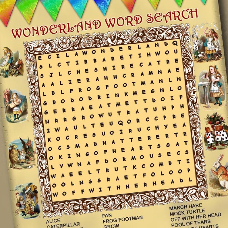 Alice in Wonderland WoRD SeARCH Party Game Instant Download Printable Collage Sheet JPG Digital File image 1