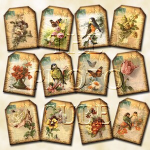 Mini carte postale - CHARMING VINTAGE GRAPHiCS - étiquettes à accrocher/cadeaux - TÉLÉCHARGEMENT IMMÉDIAT - oiseaux, papillons, fleurs - feuille de collage imprimable