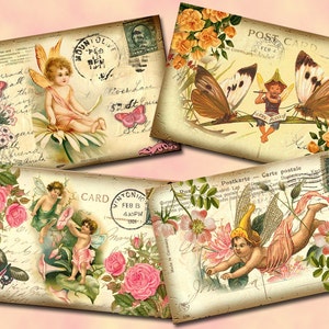 May include: Four vintage postcards featuring fairies and flowers. The postcards have a faded, antique look and feature handwritten messages. The fairies are depicted with wings and are dressed in flowing gowns. The flowers are in shades of pink and yellow.