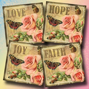 Roses et papillons-sous-verres/carreaux-LoVE FoiTH Hope JoY-4 x 4 pouces ET 2 x 2 pouces-charmant feuille de collage imprimable fichier numérique JPG