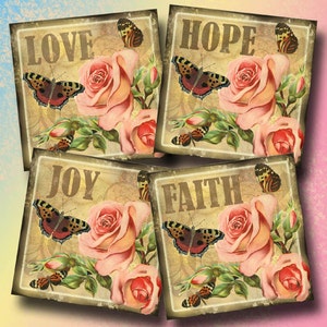 RoSES & BuTTERFLIES -coasters/tiles -LoVE FaiTH HoPE JoY -4x4 inch AND 2x2 inch - CHaRMiNG Printable Collage Sheet JPG Digital File