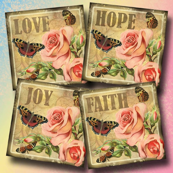 RoSES & BuTTERFLIES -coasters/tiles -LoVE FaiTH HoPE JoY -4x4 inch AND 2x2 inch - CHaRMiNG Printable Collage Sheet JPG Digital File