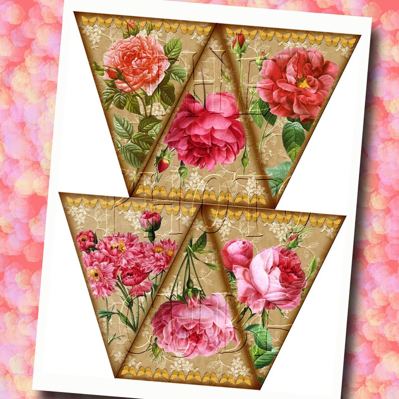 Paper Roses Banner Primitive Victorian Roses-banner -vintage Art Pennants - Instant ...