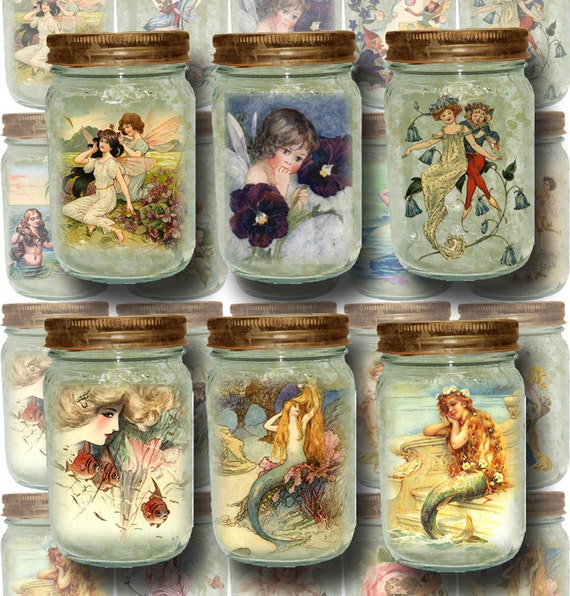 FaiRY MeRMaiD Pixies Elves -Set of 20 Mini Mason Jar ViNtAgE Altered ArT TaGS- INSTaNT DOWNLoAD -Printable Collage Sheet JPG Digital File Il_570xn