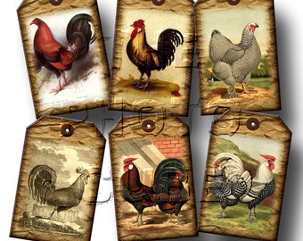 RooSTeRS, Chickens -Barn Yard Touch- 20 Rustic Vintage Art Mini Hang/Gift Tags - INSTANT DOWNLoAD - Printable Collage Sheet JPG Digital File