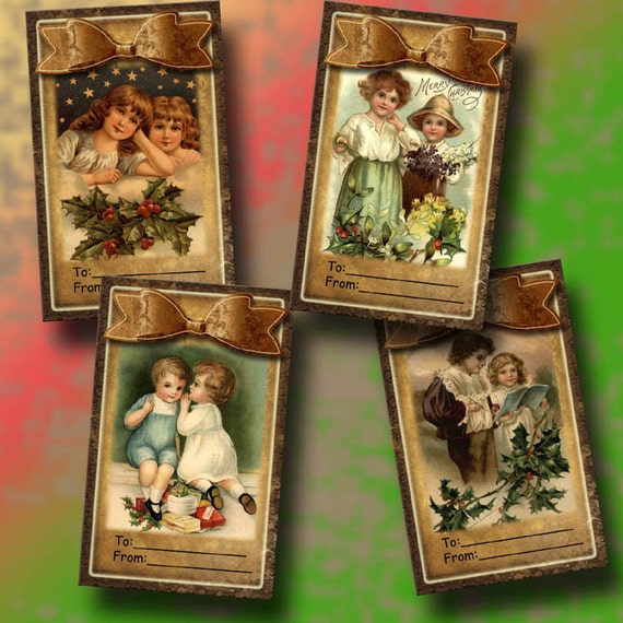 PRiMiTiVE Christmas Tags with 3 Dimensional Bows-BeAUTIFUL Vintage Art Gift Tags- INSTaNT DOWNLoAD-Printable digital collage sheet JPG File Il_570xn