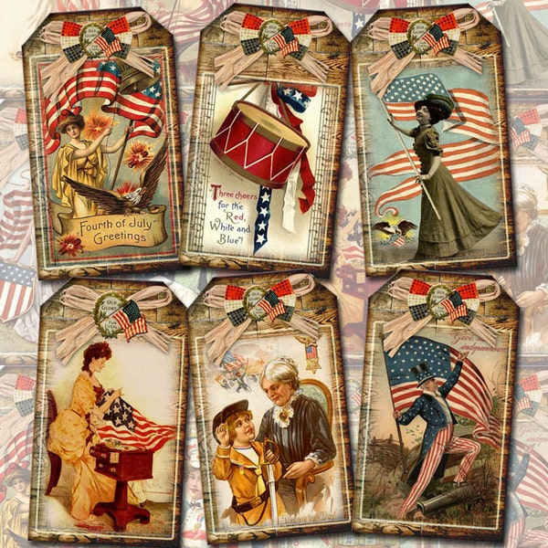 RuSTiC Americana Vintage ArT Hang/Gift Tags, labels, paper crafts -INSTaNT DOWNLoAD- Printable Collage Sheet JPG Digital File