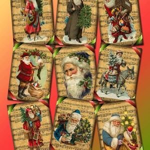 以下が含まれることがあります： 様々なポーズのサンタクロースのイラストが描かれた、9つのヴィンテージクリスマスギフトタグ。各タグは楽譜の背景に、赤と緑のリボンのアクセントが付いています。サンタは贈り物、木、ロバに乗っている姿が描かれています。