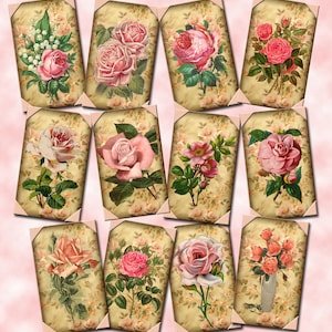 Dusty PiNK RoSeS- Charming ANTiQUed Vintage Art TaGs/Cards/Labels -INSTaNT DOWNLoAD- PriNtAble DiGiTaL CoLLaGe ShEEt JPG Digital File