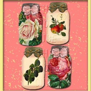 FruiT and Flowers In A Mason Jar Vintage Art Hang/Gift Tags-INSTaNT DOWNLoAD Printable Collage Sheet Download JPG Digital File image 2