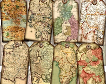 ViNTAGE "Antique Maps"  Hang/Gift Tags LaBELS-INSTaNT DOWNLoAD- Printable Collage Sheet Download JPG Digital File