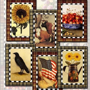 Étiquettes d'art vintage PRIMITIF, étiquettes/cartes, corbeau, vaches tournesol, drapeau des États-Unis, téléchargement immédiat, feuille de collage imprimable, fichier numérique JPG