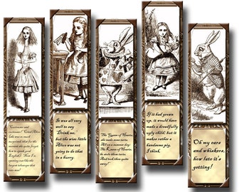 Alice In Wonderland - Set of 5 pRiMiTiVe Bookmarks -2"x8"- INSTaNT DOWNLoAD- Printable Collage Sheet JPG Digital File