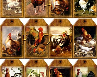 RoOSteRs/CHiCKeNs-PRiMiTiVe Barn Yard CouNtrY ViNtAgE ArT Tags- INSSTaNT DOWNLoAD - Printable Collage Sheet Download JPG Digital File