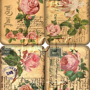 May include: Four vintage postcards with a faded, aged look. Each postcard features a pink rose with green leaves and a handwritten message. The postcards have a brown background with a worn, distressed look.