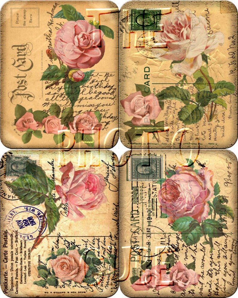 May include: Four vintage postcards with a faded, aged look. Each postcard features a pink rose with green leaves and a handwritten message. The postcards have a brown background with a worn, distressed look.