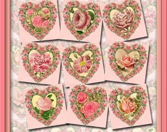 Victorian Rose Heart Shapes- 2x2 Tags/Labels/craft supplies-INSTaNT DOWNLoAD -Printable Collage Sheet JPG Digital File