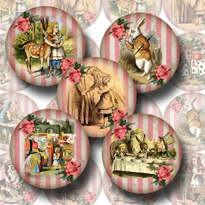 ALiCe In WoNDeRLaNd-CHaRMiNG 2 inch Pink Stripe Circles- INSTaNT DOWNLoAD - Printable Collage Sheet  JPG Digital File