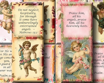 Angels with Bible Verses - Lovely Vintage Art Bookmarks -2"x5"-INSTaNT DOWNLoAD-  Printable Collage Sheet Download JPG Digital File-