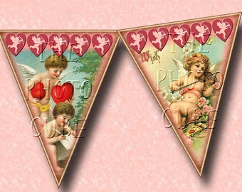 Victorian VALENTINE Cupids Banner -ViNtAgE ArT Pennants- INSTaNT DOWNLoAD - Printable Collage Sheet JPG Digital File