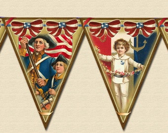 PaTriOtiC Americana- PRiMiTiVe Vintage Art Banner- Flags Pennants - INSTaNT DOWNLoAD - Printable Collage Sheet JPG Digital File