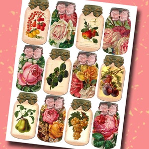 FruiT and Flowers In A Mason Jar Vintage Art Hang/Gift Tags-INSTaNT DOWNLoAD Printable Collage Sheet Download JPG Digital File image 1