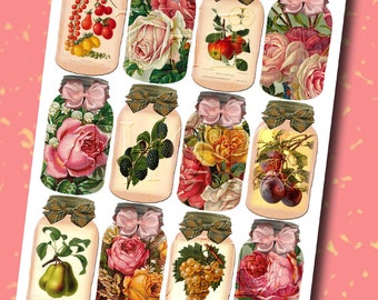 FruiT and Flowers In A Mason Jar Vintage Art Hang/Gift Tags-INSTaNT DOWNLoAD- Printable Collage Sheet Download JPG Digital File
