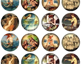 Mermaids/Sea Maidens/Sirens - 1" Vintage Graphics Circles, bottlecap jewelry -INSTaNT DOWNLoAD- Printable Collage Sheet JPG Digital File