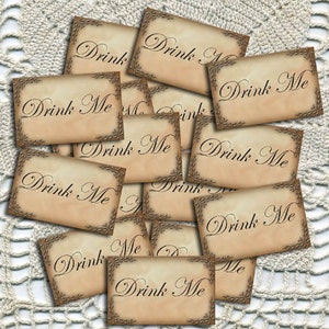Set of 30 &quot;Drink Me and Eat Me&quot; Primitive Alice In Wonderland Mini Tags-Printable Collage Sheet JPG Digital File