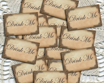 Set of 30 "Drink Me and Eat Me" Primitive Alice In Wonderland Mini Tags-Printable Collage Sheet JPG Digital File