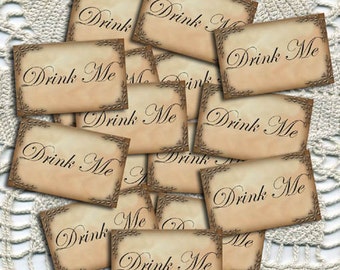 &quot;30er-Set &quot;&quot;Trink mich und iss mich&quot;&quot; Primitive Alice im Wunderland Mini Tags-Printable Collage Sheet JPG Digitale Datei.&quot;