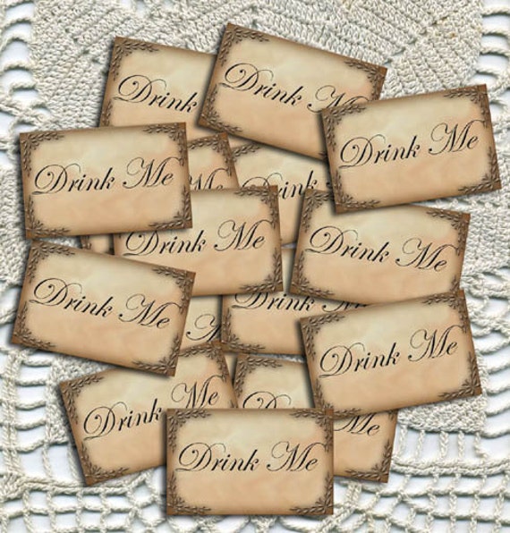 Set of 30 "Drink Me and Eat Me" Primitive Alice In Wonderland Mini Tags-Printable Collage Sheet JPG Digital File Il_570xn