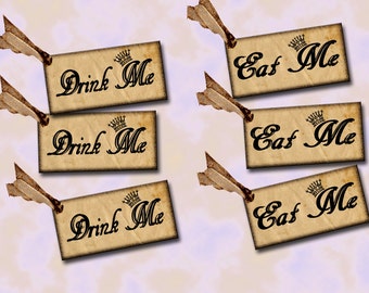 Set of 40 DRiNK Me & Eat Alice In Wonderland Hang TaGs pRiMiTiVe digital art collage sheet download -party favors