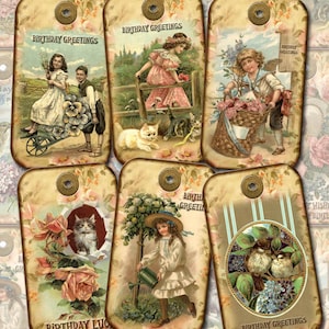 Alles Gute zum Geburtstag Geschenkanhänger - Vintage Kunst - Blumen / Katzen / viktorianische Kinder - SOFORTIGER DOWNLOAD - Druckbare Collage Sheet-JPG Digitale Datei