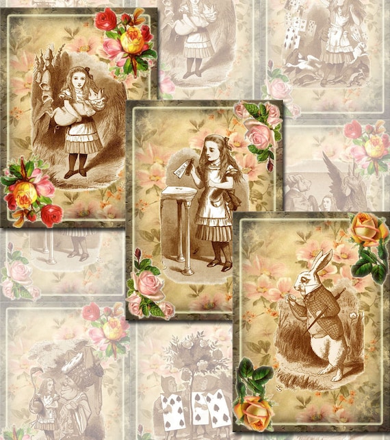 Alice In Wonderland- ANTiQUeD Vintage Art Hang Tags/Cards/Labels-INSTaNT DOWNLoAD- Printable Collage Sheet JPG Digital File Il_570xn