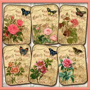 Roses roses et papillons - art vintage enchanteur à accrocher/cadeaux/cartes - TÉLÉCHARGEMENT IMMÉDIAT - feuille de collage imprimable fichier numérique JPG