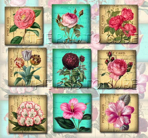 Shabby Chic Flowers on Postcards-CoLoRFuL DeSiGNS- Set of 20 -2" Square Tiles - INSTaNT DOWNLoAD - Printable Collage Sheet JPG Digital File Il_570xn