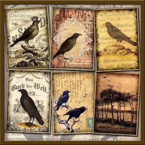 RAVeN/CRoW ALTeReD ArT HaNG TaGS/ CARDS - INSTaNT DOWNLoAD -Printable Digital Collage Sheet -Primitive Images for ATC - 3.5 x 2.5