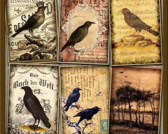 RAVeN/CRoW ALTeReD ArT HaNG TaGS/ CARDS - INSTaNT DOWNLoAD -Printable Digital Collage Sheet -Primitive Images for ATC - 3.5 x 2.5
