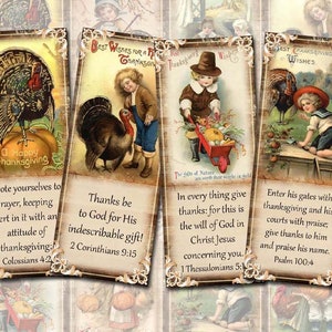 Book Marks- Thanksgiving Bookmarks -Set of 8 Lovely Vintage Art  with Bible Verses 2&quot;x5&quot; - Printable Collage Sheet JPG Digital File