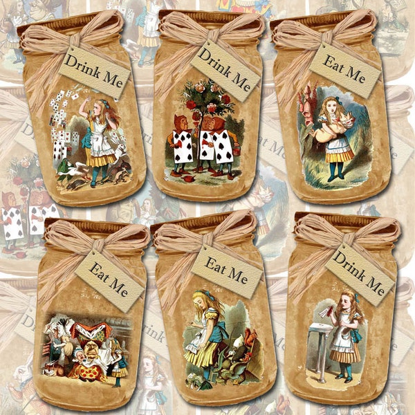 Alice In Wonderland-Primitive Mason Jar -Eat Me / Drink Me Tags- INSTaNT DOWNLoAD- Printable Collage Sheet JPG Digital File