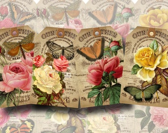 Lovely sHaBBy Floral and Butterfly Vintage Art Gift Tags -INSTaNT DOWNLoAD- Printable download on JPG Digital collage sheet