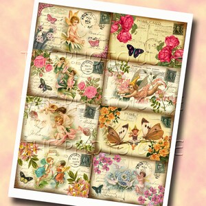 K&ouml;nnte beinhalten: Eine Collage aus acht Vintage-Postkarten mit Feen, Schmetterlingen und Blumen. Die Postkarten sind mit floralen Designs verziert und haben einen verblassten, antiken Look.