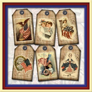 May include: Set of six vintage-style gift tags featuring patriotic imagery, including the American flag, an eagle, and children dressed in red, white, and blue. The tags have a brown plaid background and are decorated with metal eyelets.