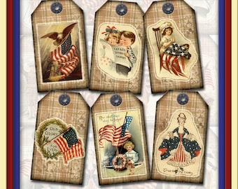 Patriotic Americana-Vintage Art Tags/Labels-Three Cheers for the Red White & Blue-INSTaNT DOWNLoAD -Printable Collage Sheet JPG Digital File