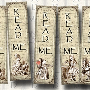 Alice In Wonderland - 12 Mini Primitive Bookmarks -1.33&quot;x5&quot; -Instant Download- Printable Collage Sheet  JPG Digital File